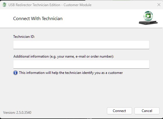 Captura del Redirector v2.5 mostrando dónde pegar Technician ID y Additional information